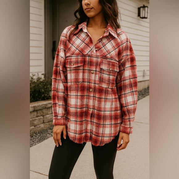 white birch Jackets & Blazers - ❤️ Women’s White Burch Oversized Plaid Flannel | Frayed Bottom